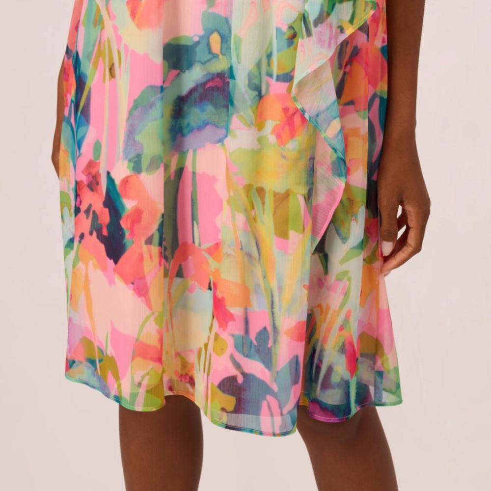 Adrianna Papell Floral Ruffle Chiffon Halter Trapeze Dress In Pink Multi - Picture 10 of 12